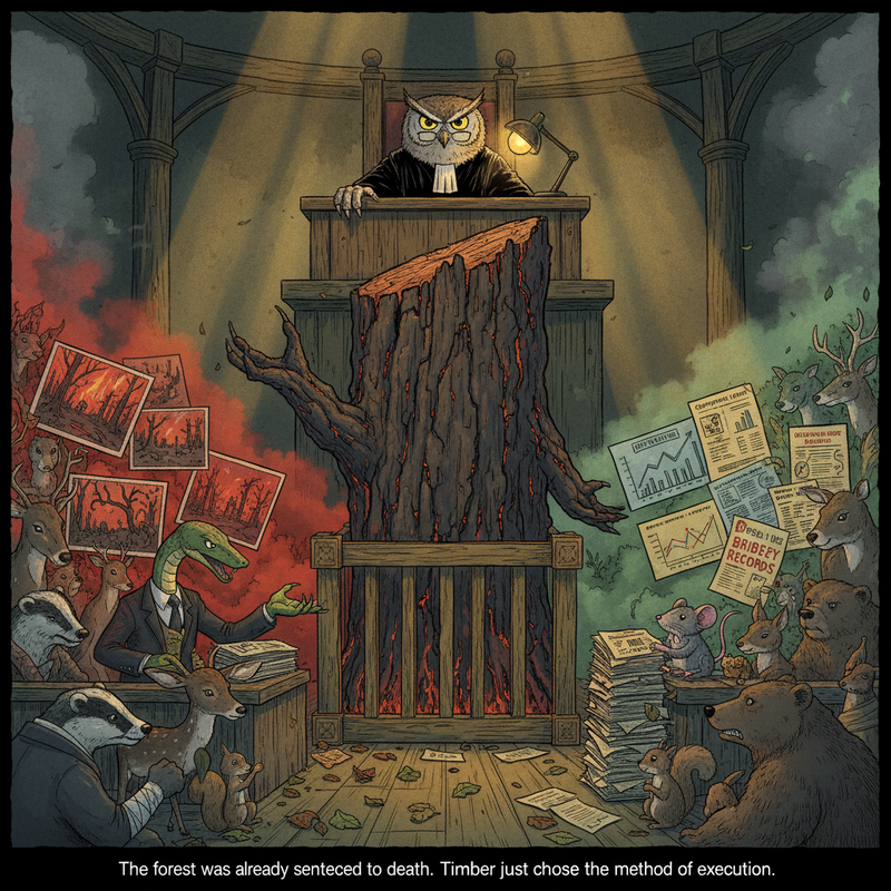 High-contrast courtroom scene.