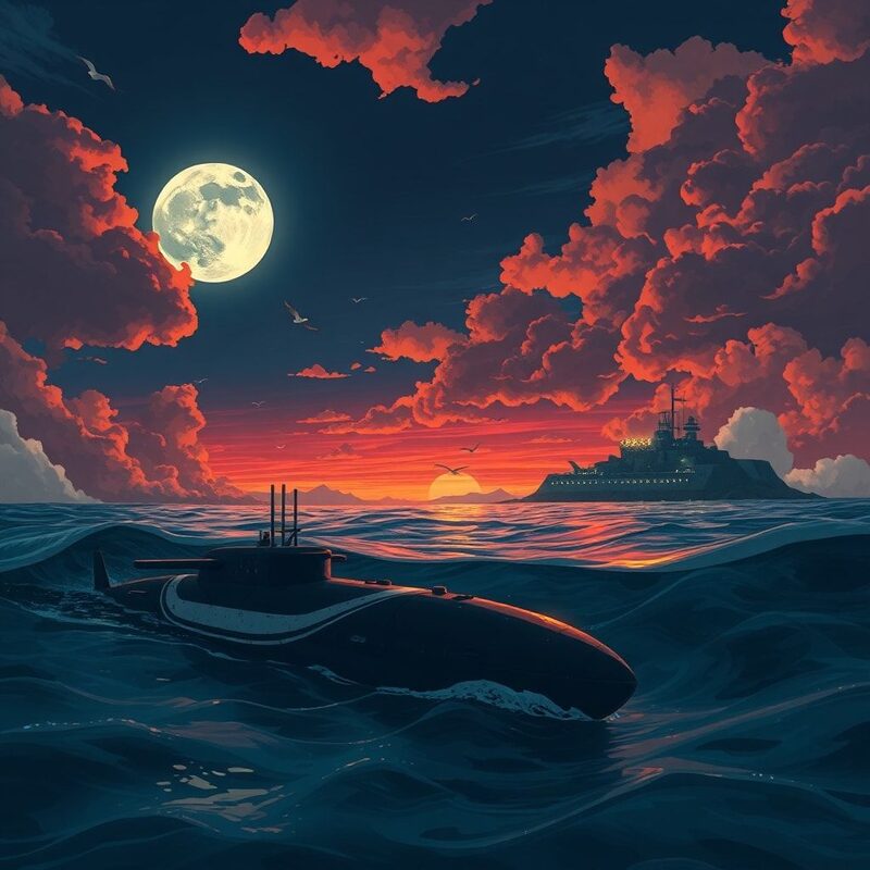 A midnight sea seen from a low, wide-angle just above the waves.