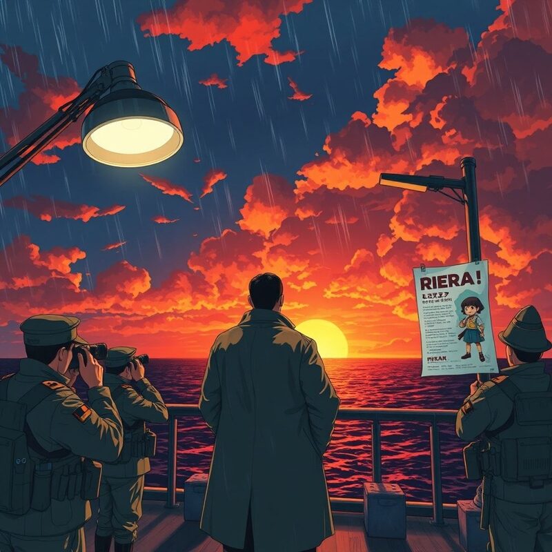 Above deck on the island base: a stern commander in a raincoat stands under a harsh lamp, watching radar and peering through binoculars as…