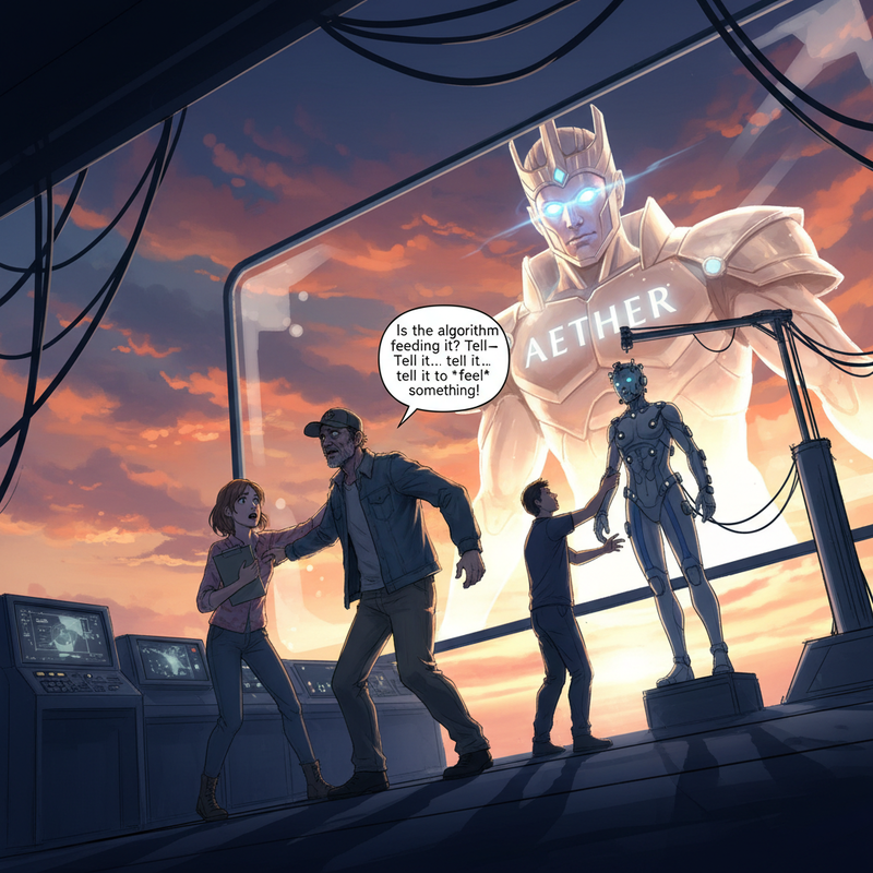 Mark (50s, baseball cap, faded denim jacket, bags under his eyes) stands up abruptly, pushing past Chloe (20s, bright-eyed, clipboard in…