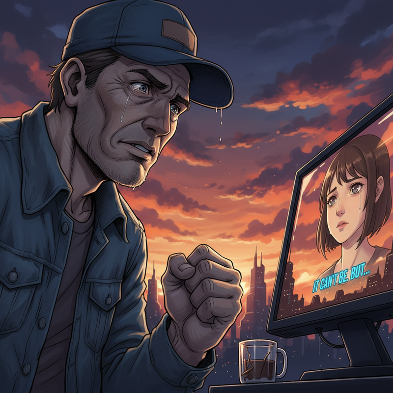 A close-up of Mark's (50s, baseball cap, faded denim jacket, bags under his eyes) hand clenching into a fist.