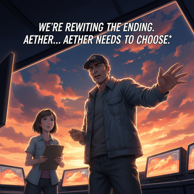 Mark (50s, baseball cap, faded denim jacket, bags under his eyes) stands up, his back straighter, a newfound intensity in his eyes.
