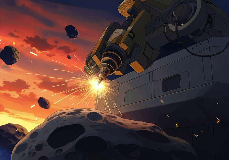 CLOSE-UP: A heavily scarred and battered mining drone drills into a large, grey asteroid.