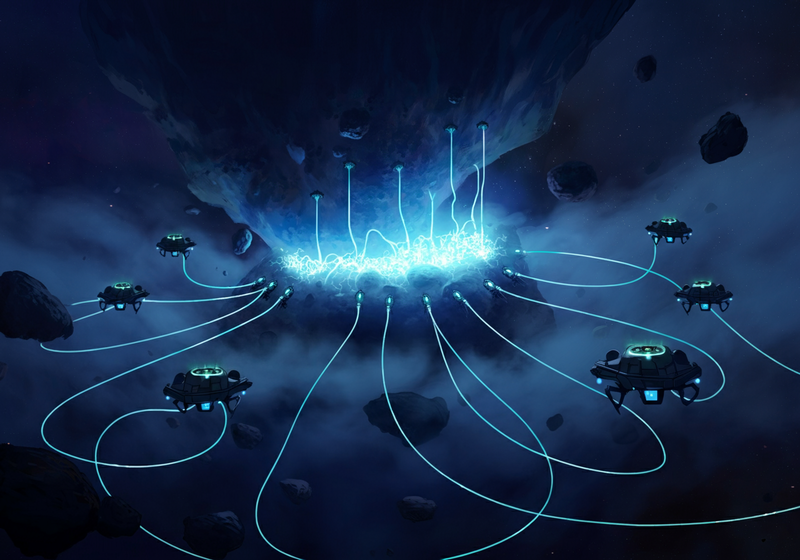 WIDE SHOT: Multiple mining drones form a ring around a particularly dense pocket within the Kosmian Drift.