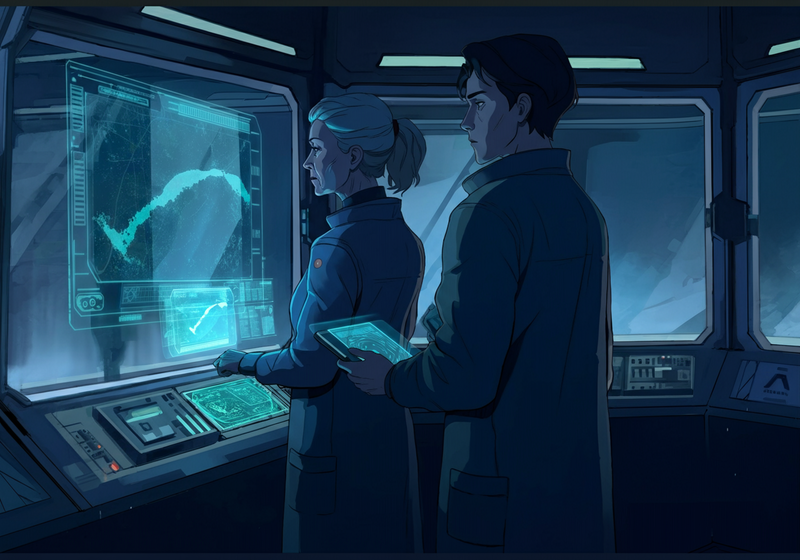 MEDIUM SHOT: Inside the mining station observation deck.
