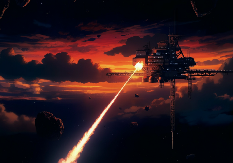 MEDIUM SHOT: The mining station in space, now appearing small against the backdrop of the Kosmian Drift.