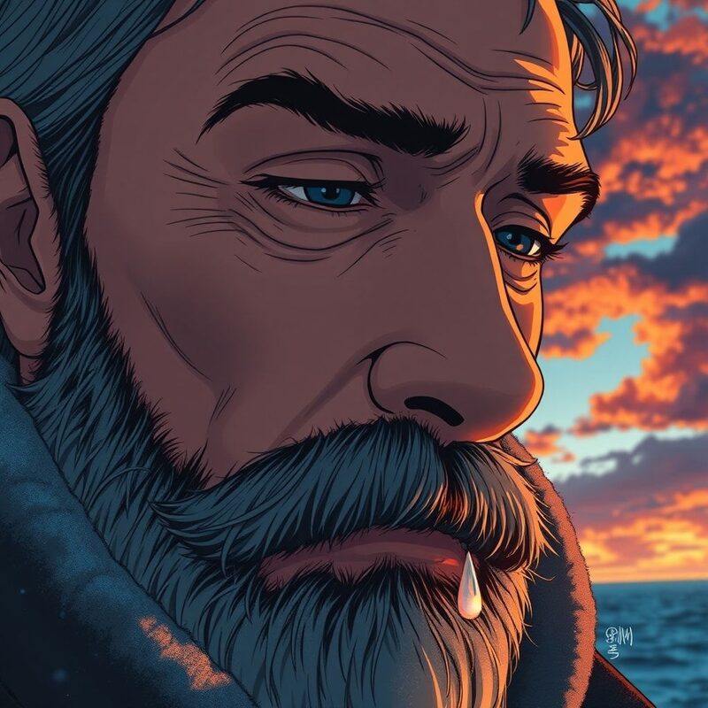 Close-up on his (a human wearing a worn, salt-stiff coat) weathered face in the cold dawn: deep lines at the corners of the eyes, a beard…