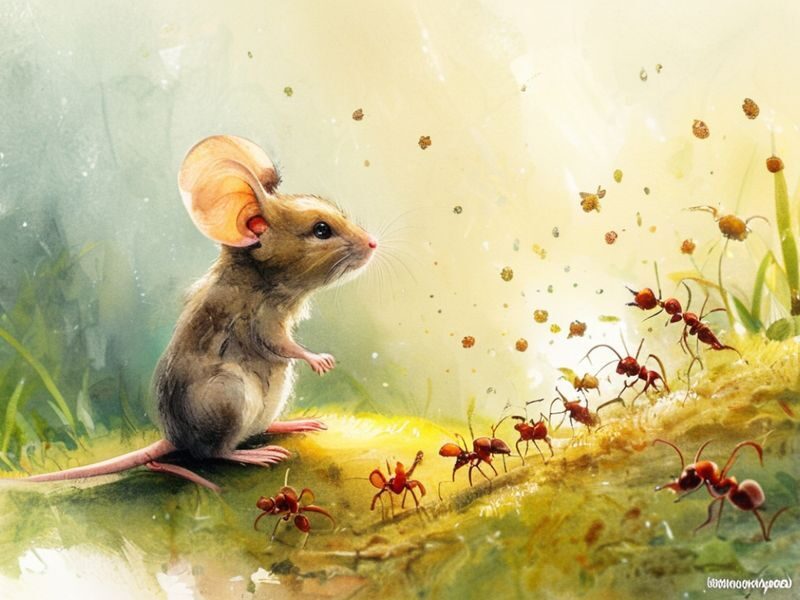 A small, anthropomorphic mouse named Pip sits on a grassy hill, gazing wistfully at a bustling ant colony below.