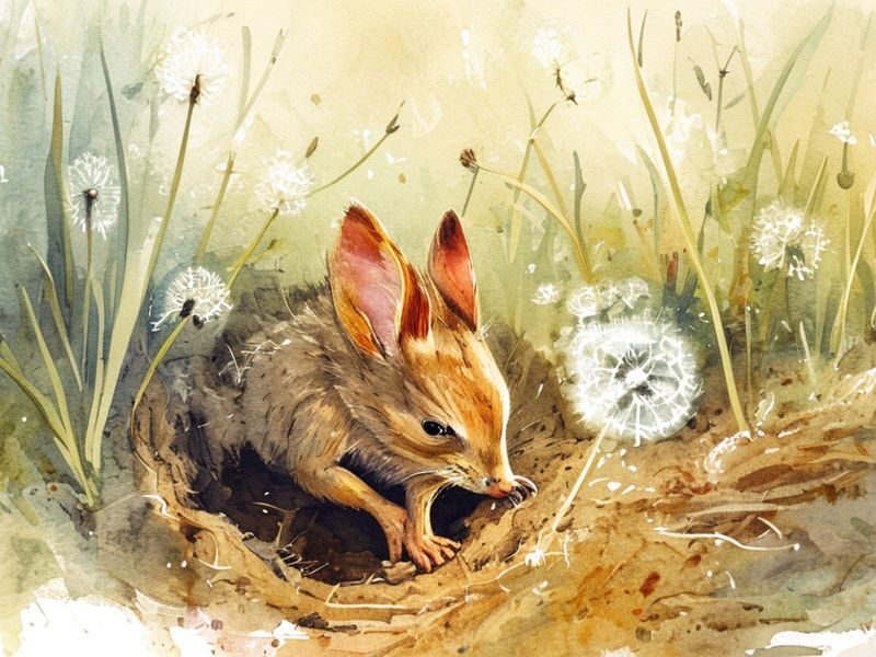 Pip is digging a small burrow entrance with his paws, looking determined.