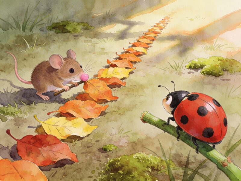 Pip is trying to organize a line of fallen leaves, pushing them with his nose.