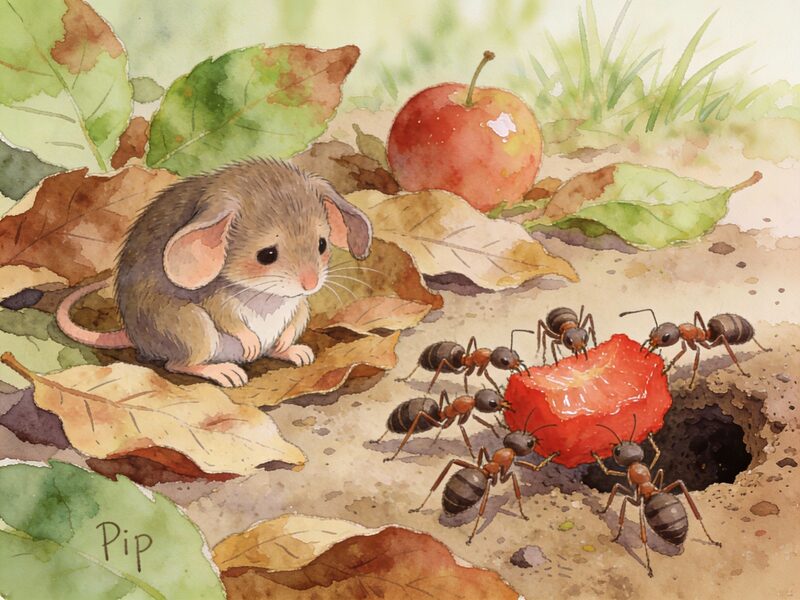 Pip sits dejectedly beside his scattered leaves.