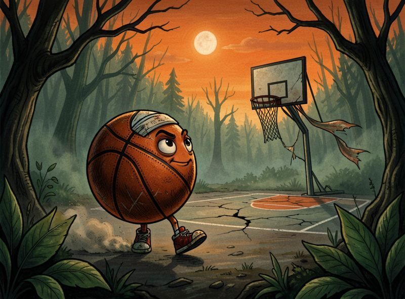 Wide establishing shot at dusk: a lone, anthropomorphic basketball with stitched seams, expressive eyes, a sweatband, and tiny worn…
