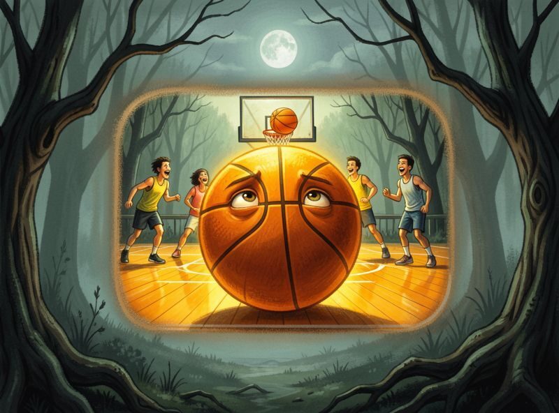 Dreamlike memory panel inset: a soft, warm-bordered vignette of a sunlit basketball court, bright polished wood, laughing players, the…
