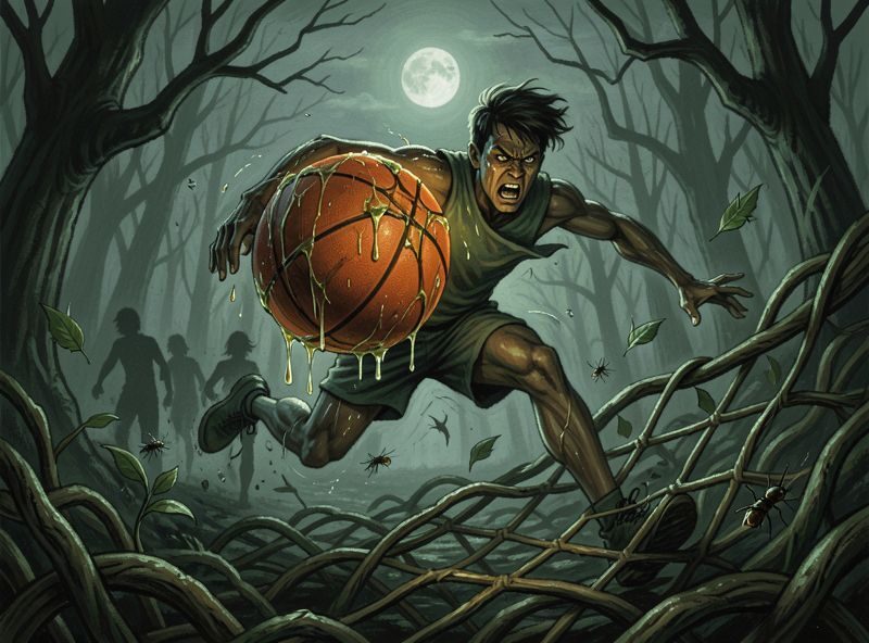 Action shot of struggle: the basketball hurdles over a tangle of root-vines that coil like a net; sticky sap clings to its seams.