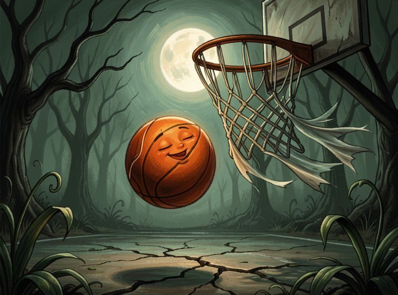 Triumphant, cinematic close-up: the basketball bounces onto the cracked court; plants curl back and light seems to warm.