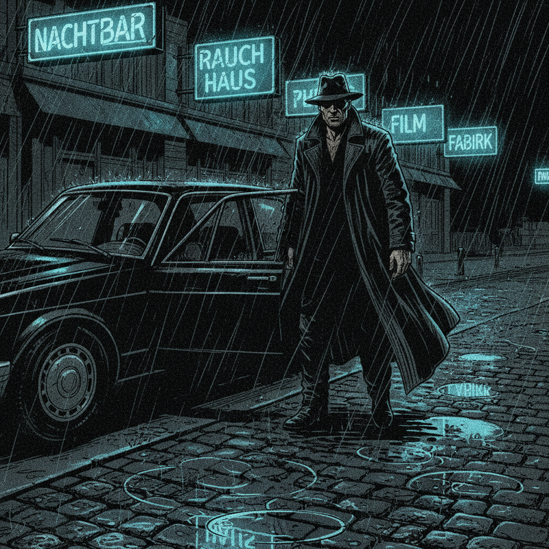 Nighttime Berlin street, neon signs in German flicker on wet cobblestones.