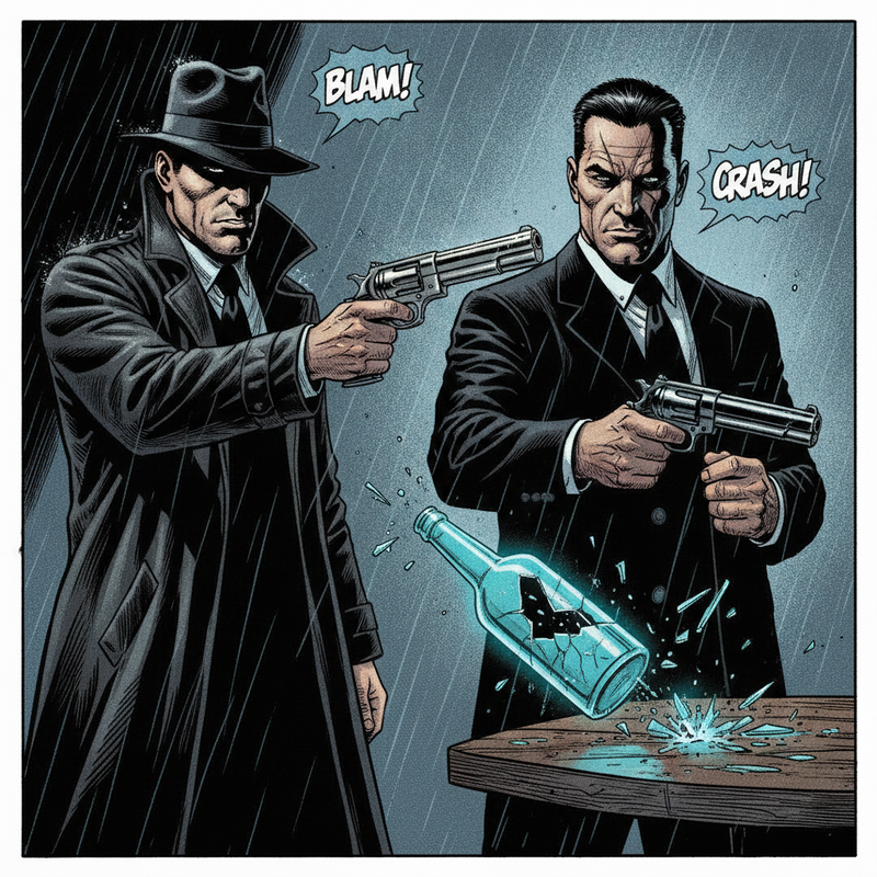 Close‑up of the detective (a male-presenting human in his mid‑30s, wearing a long dark trench coat, fedora, short dark hair, rugged face)…