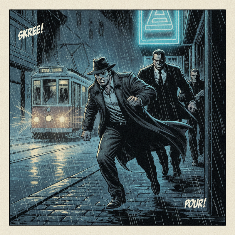 Rain‑soaked alley outside the club; the detective (a male-presenting human in his mid‑30s, wearing a long dark trench coat, fedora, short…