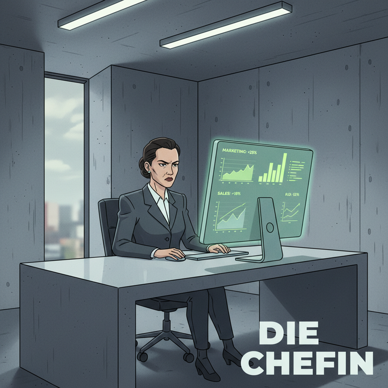 A stern-faced woman (the Chefin) sits at a large desk, glaring at a computer screen filled with charts showing other departments' successes.
