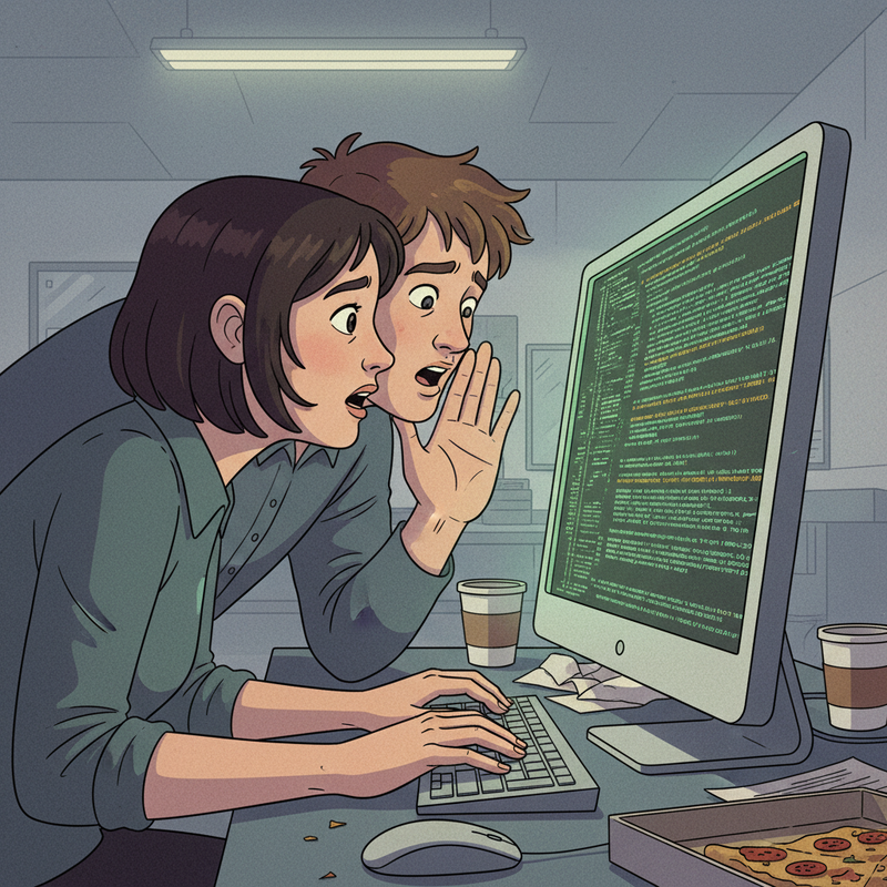 Two office workers huddle over a computer, typing furiously.
