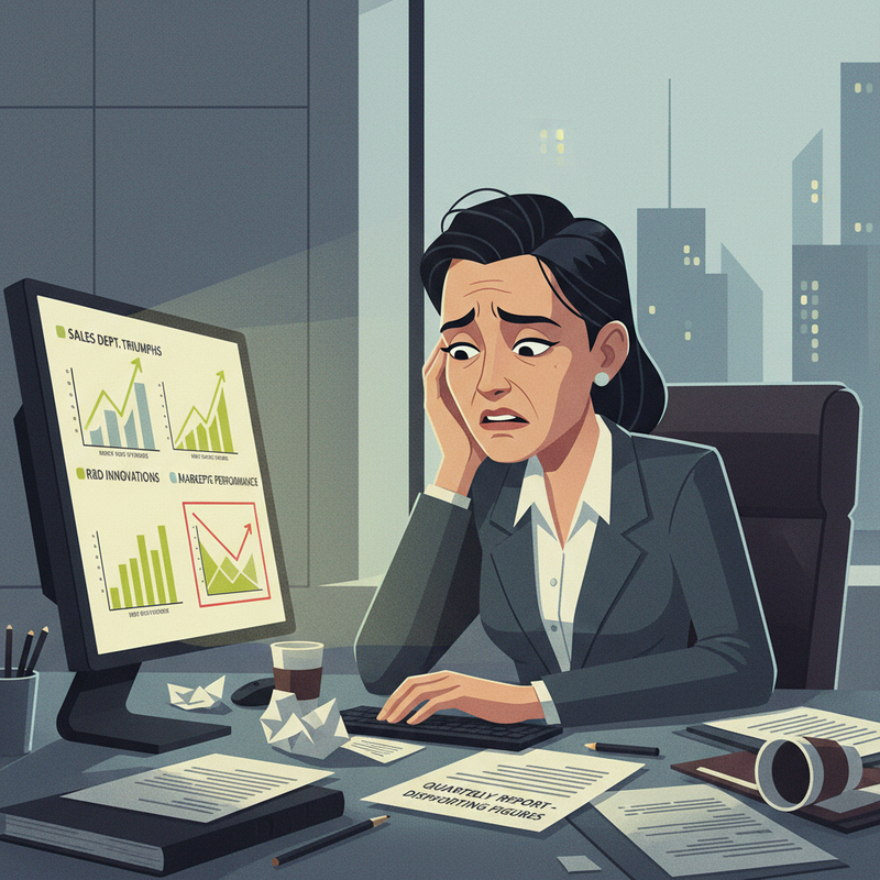 Close-up on A stern-faced woman (the Chefin) sits at a large desk, glaring at a computer screen filled with charts showing other…
