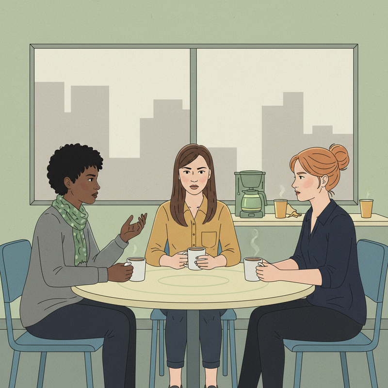 Three women sit around a table in a break room, coffee cups in hand.