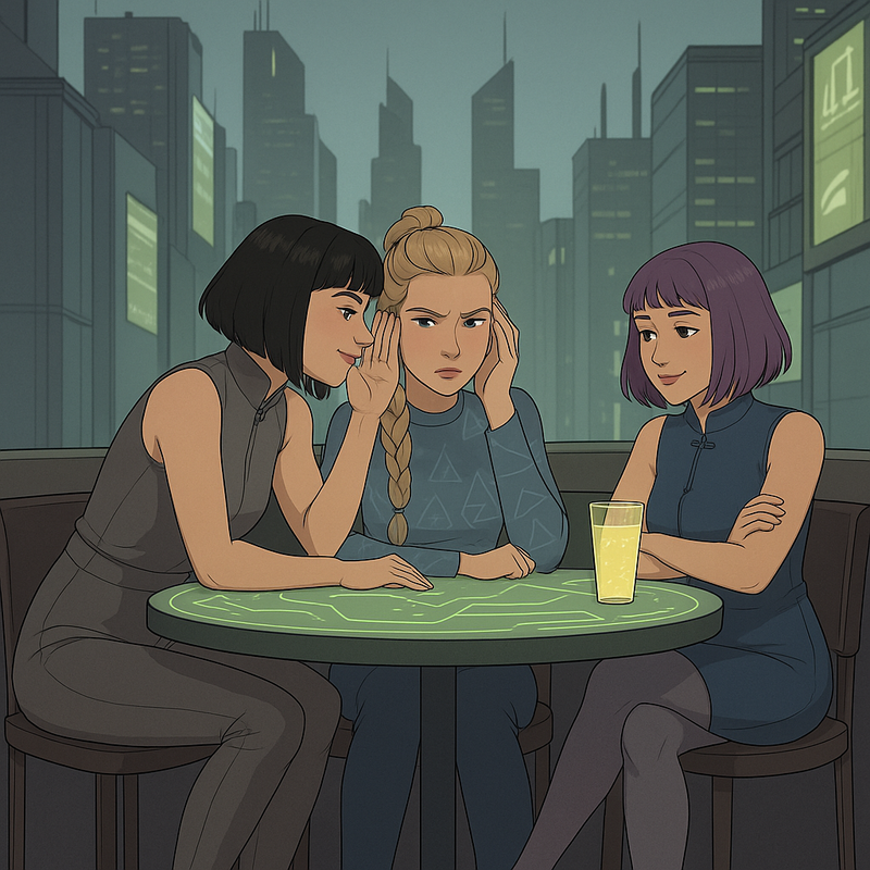 One of the women leans forward, whispering confidentially to the others.