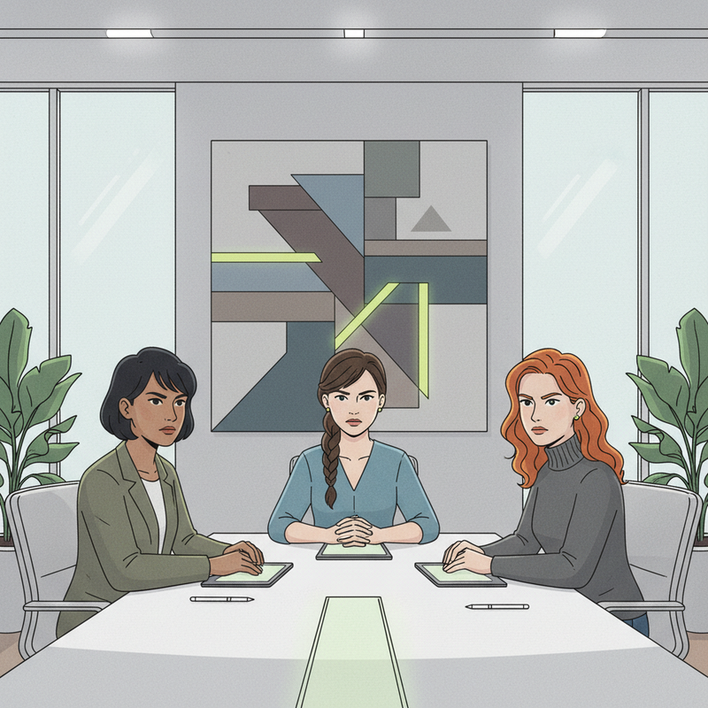 The three women nod in agreement, their faces determined.