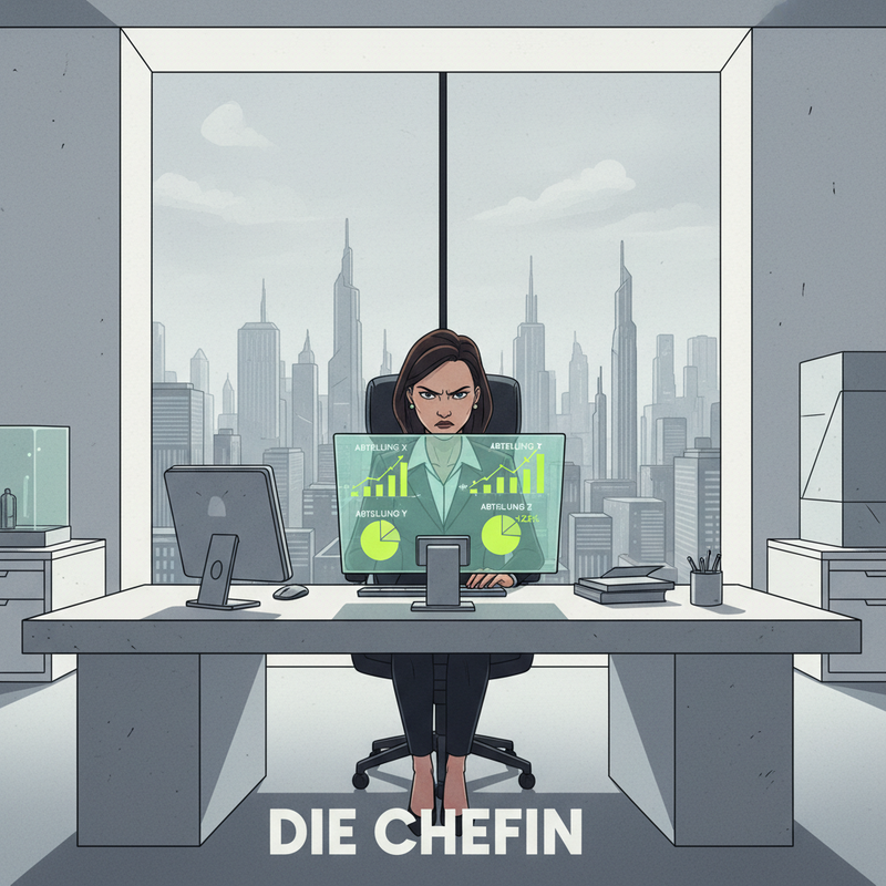 A stern-faced woman (the Chefin) sits at a large desk, glaring at a computer screen filled with charts showing other departments' successes.