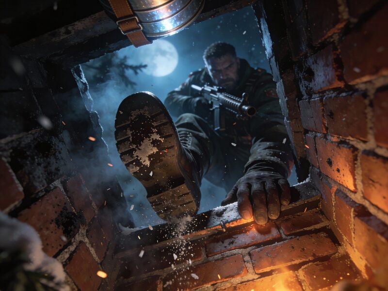 Tight, vertical shot up the inside of the chimney: soot-streaked bricks, a cascade of tiny flakes of ash.