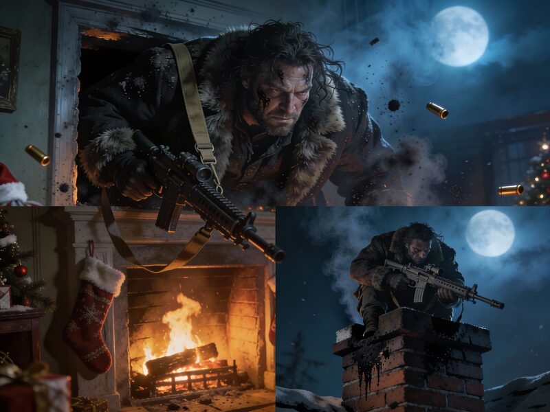 A huge man half-emerging from the hearth, shoulders filling the fireplace opening.