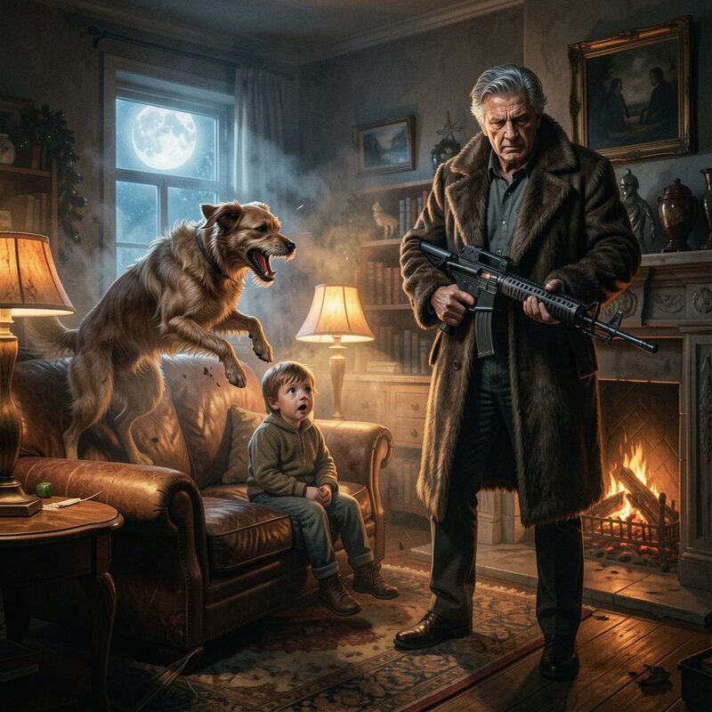 Chaos in micro: the family dog springs from the couch, teeth bared, fur mid-leap toward the intruder; a small child sits bolt upright with…