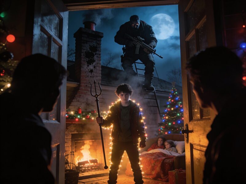 Heroic mid-shot of a teenage figure in a doorway, backlit by Christmas lights, standing between the intruder and the sleeping family.
