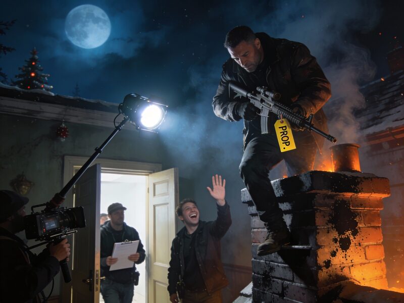 Pull back to reveal the surreal truth: behind the hulking man, a small film crew emerges through a side door — a boom pole, a handheld…