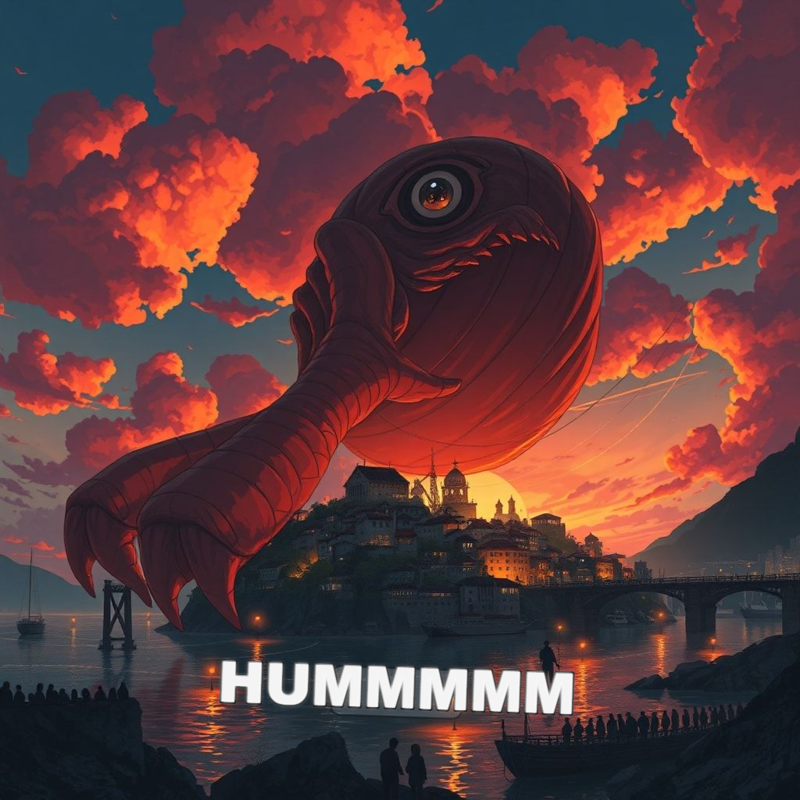 Wide, almost panoramic: the creature now towers, an island risen from the water, its red claw casting a long shadow over the town.