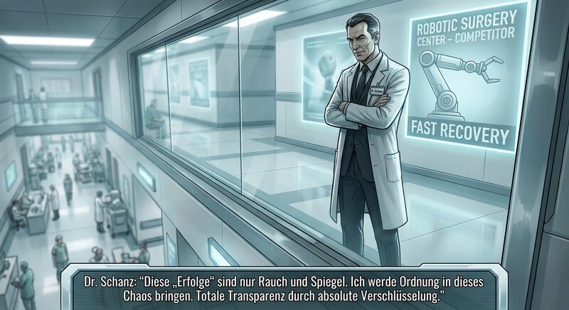 Schanz stands before a large panoramic window, looking down condescendingly at the busy hospital corridor below.