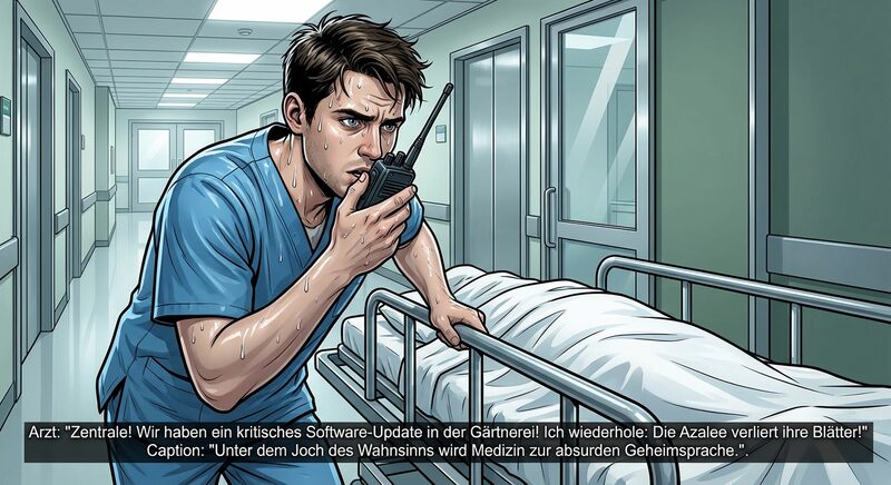 A young resident doctor, sweating profusely, whispers frantically into a walkie-talkie while pushing a patient on a gurney down a hospital…