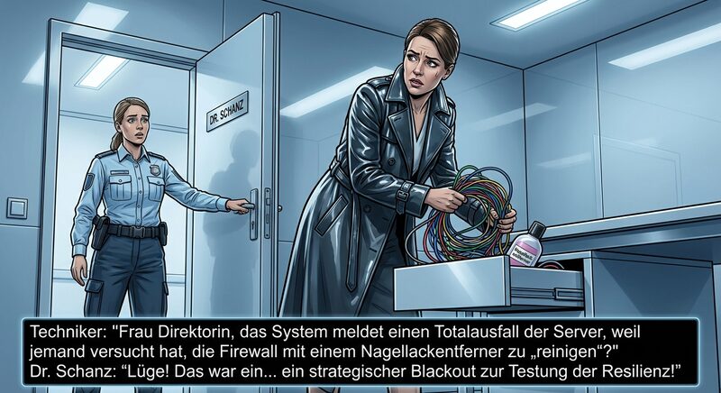 A technician stands in the doorway of Schanz's office.