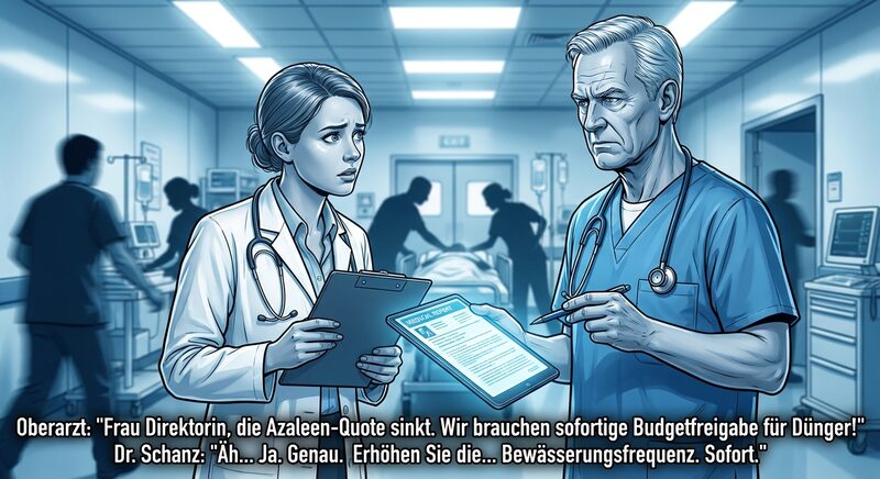 A hectic emergency room scene in the blurred background.