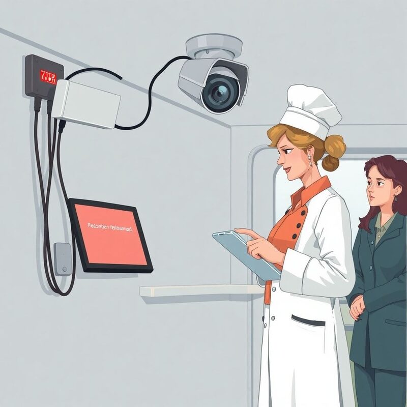 Die Chefin steht neben einer halb installierten Überwachungskamera an der Decke, ein Techniker ringt mit Kabeln, die Kamera hängt schief…