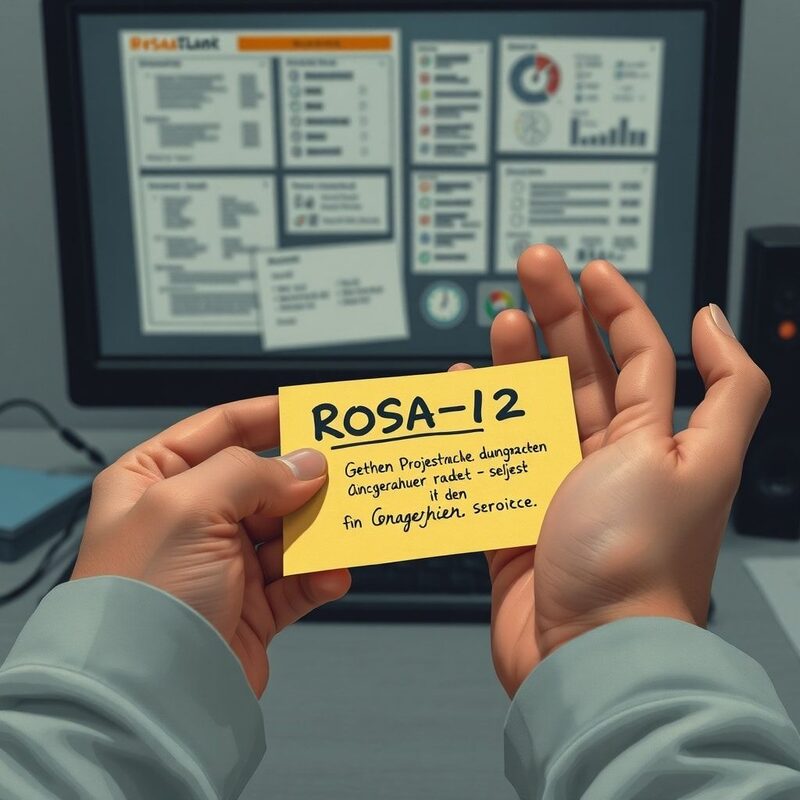 Close-up auf Hände, die einen kleinen Zettel mit einem Code übergeben: 'ROSA-12'.