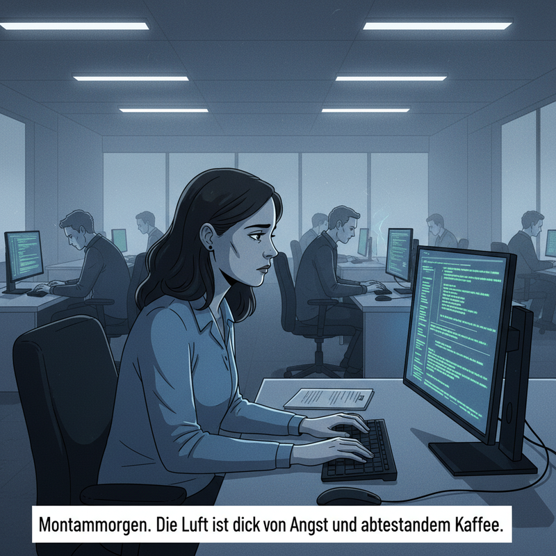 A sterile, gray open-plan office.