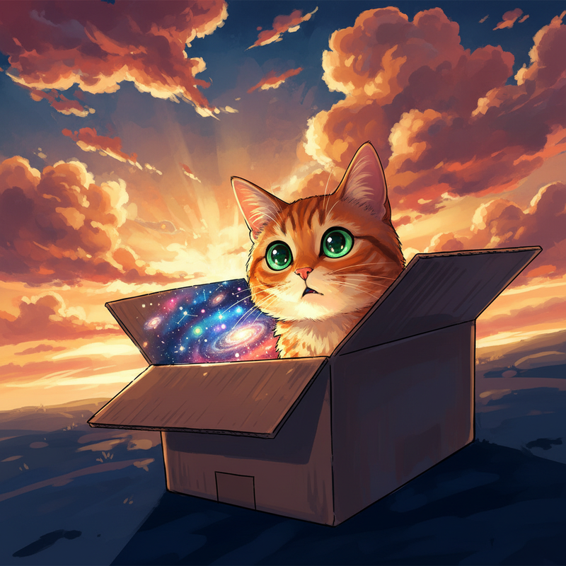 A flap of the box is open just enough for Clementine (a ginger tabby cat) to peek inside.