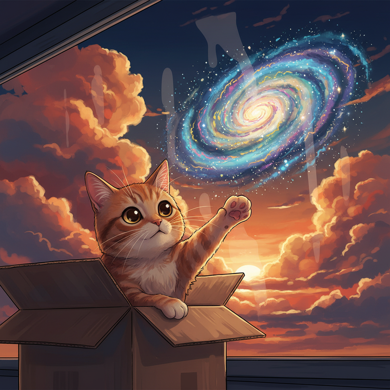 Clementine (a ginger tabby cat), now half inside the box, is reaching out a paw towards a particularly vibrant spiral galaxy swirling near…