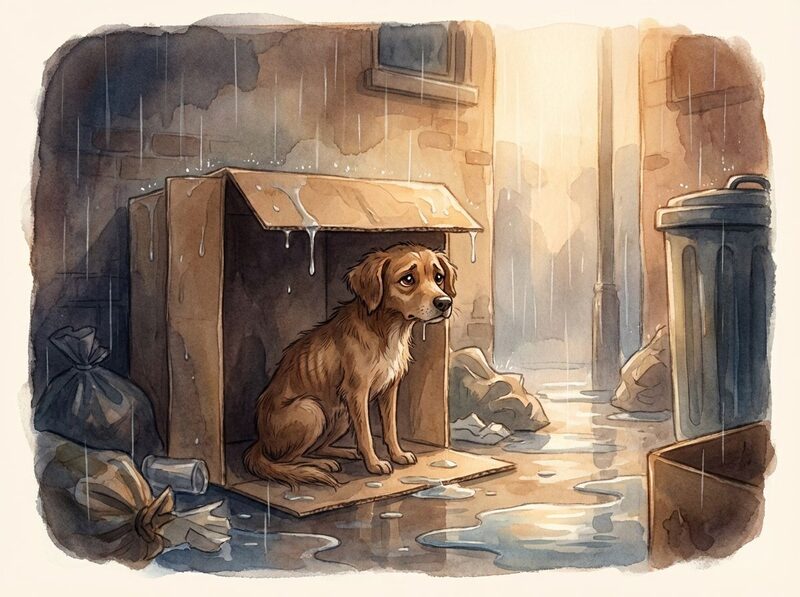 A dark, rainy urban alleyway at night.