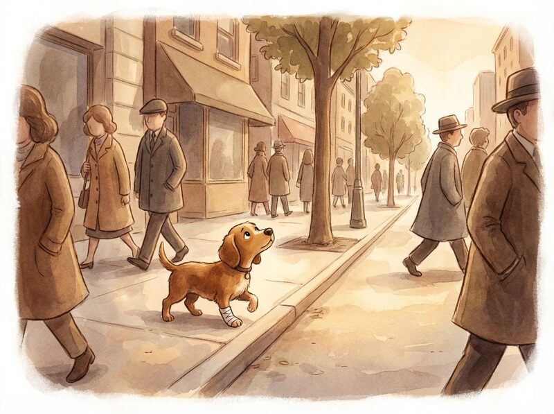 Daytime on a busy city sidewalk.