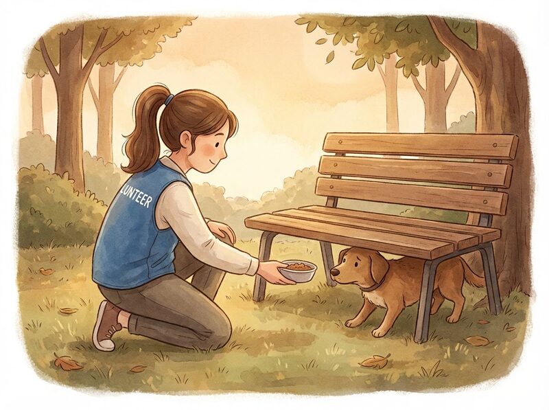 A kind-faced woman with a ponytail wearing a blue volunteer vest kneels down near a park bench.