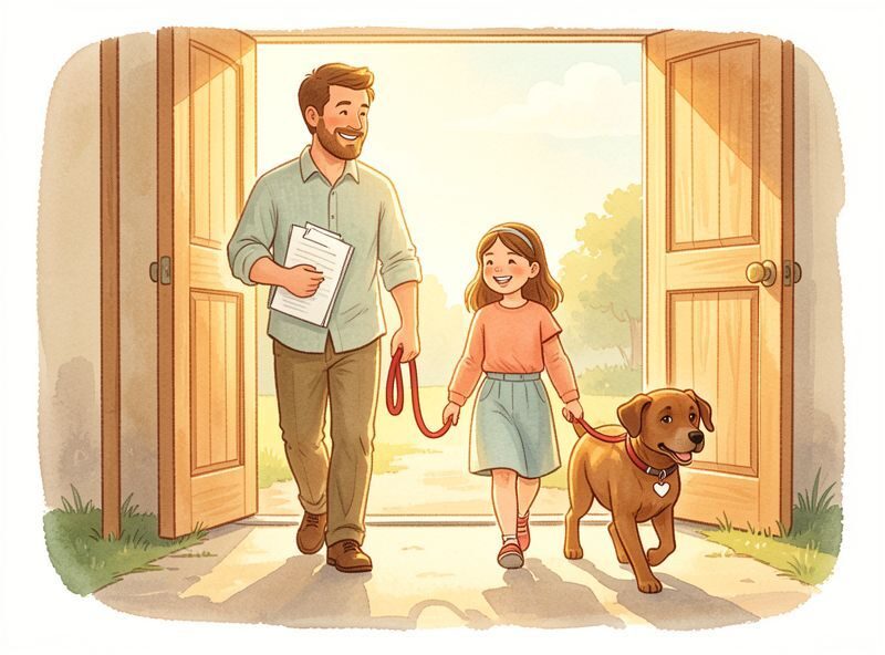 The happy family exits the shelter doors into bright sunshine.