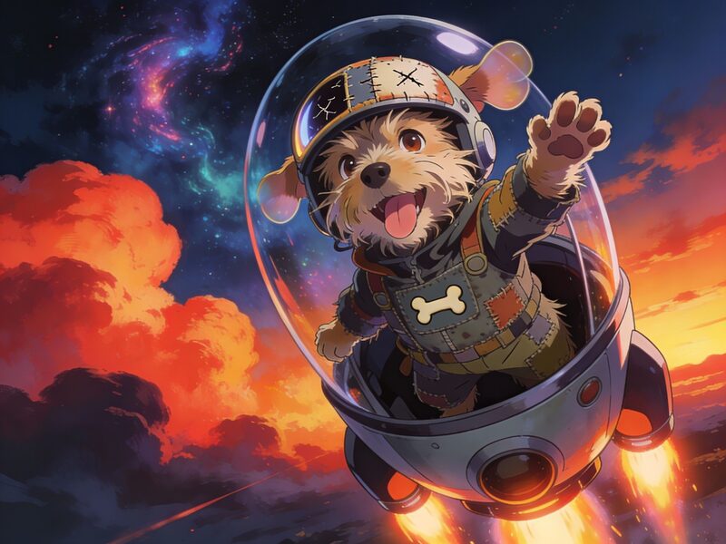 Close-up of a scruffy, joyful dog bursting out of a small one-person capsule with a cartoonish thruster flame; the dog's suit is rugged…