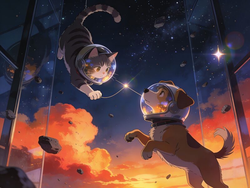 Two-shot mid-distance: the cat and dog face each other, suspended between a field of tiny asteroids and starlight.